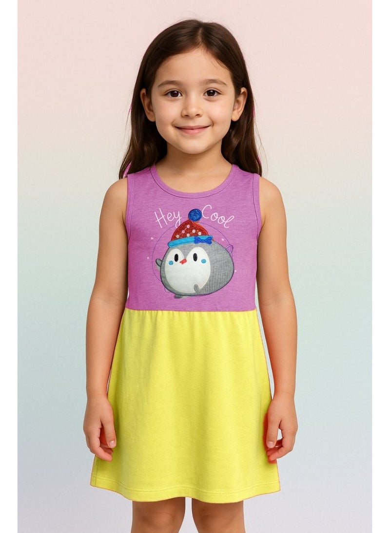 فستان بناتي بياقة دائرية وبدون أكمام