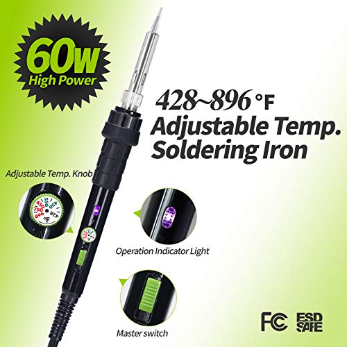 YIHUA 947-III 60W Soldering Iron Kit Adjustable Temperature with Sticky Holder, Tip Cleaner, Cleaning Sponge Power Switch, Operation Indicator, Portable Soldering Kit - Image 2