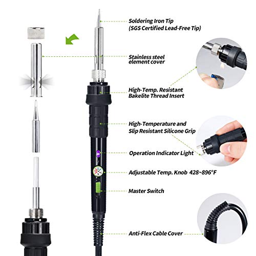 YIHUA 947-III 60W Soldering Iron Kit Adjustable Temperature with Sticky Holder, Tip Cleaner, Cleaning Sponge Power Switch, Operation Indicator, Portable Soldering Kit - Image 3