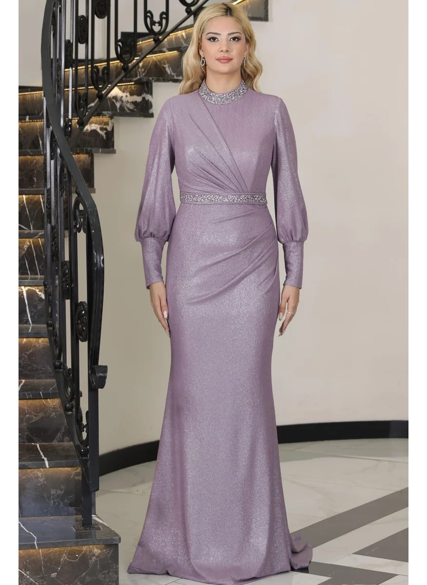 Esilanur Hurrem Tailed Stone Hijab Evening Dress Lavender