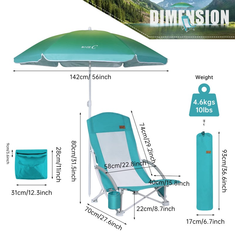 Nice C Beach Chair, Sand Chair, Lake Chairs for Adults with Umbrella and Cooler, Low Beach Chairs High Back, Cup Holder & Carry Bag & Heavy Duty Compact Outdoor, Camping (Set of 2 Blue) - Image 5