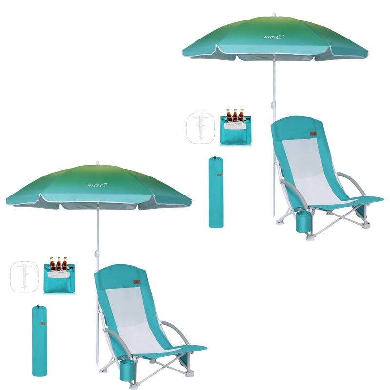 Nice C Beach Chair, Sand Chair, Lake Chairs for Adults with Umbrella and Cooler, Low Beach Chairs High Back, Cup Holder & Carry Bag & Heavy Duty Compact Outdoor, Camping (Set of 2 Blue) - Image 1