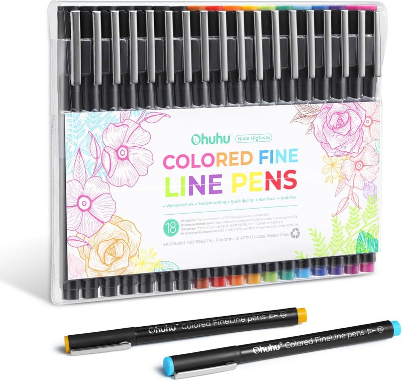 Ohuhu Colored Fineliner Drawing Pens - 18 Pack with 11 Colored Pens & 7 Assorted Point Sizes Black Micro Pens - Image 1