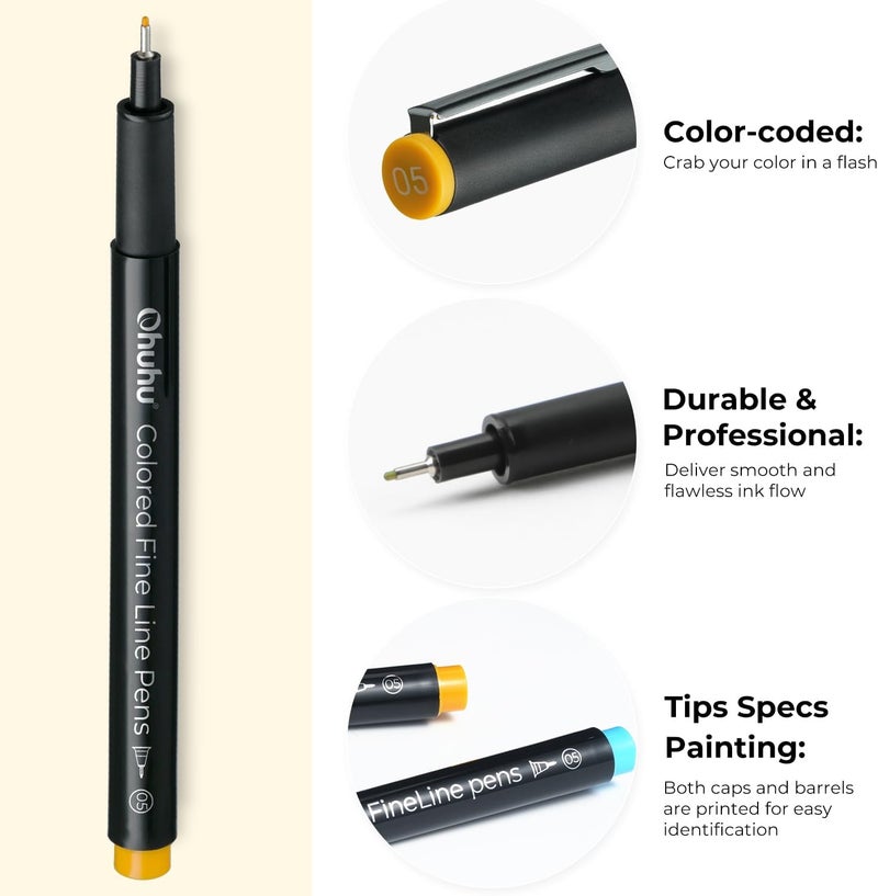 Ohuhu Colored Fineliner Drawing Pens - 18 Pack with 11 Colored Pens & 7 Assorted Point Sizes Black Micro Pens - Image 4