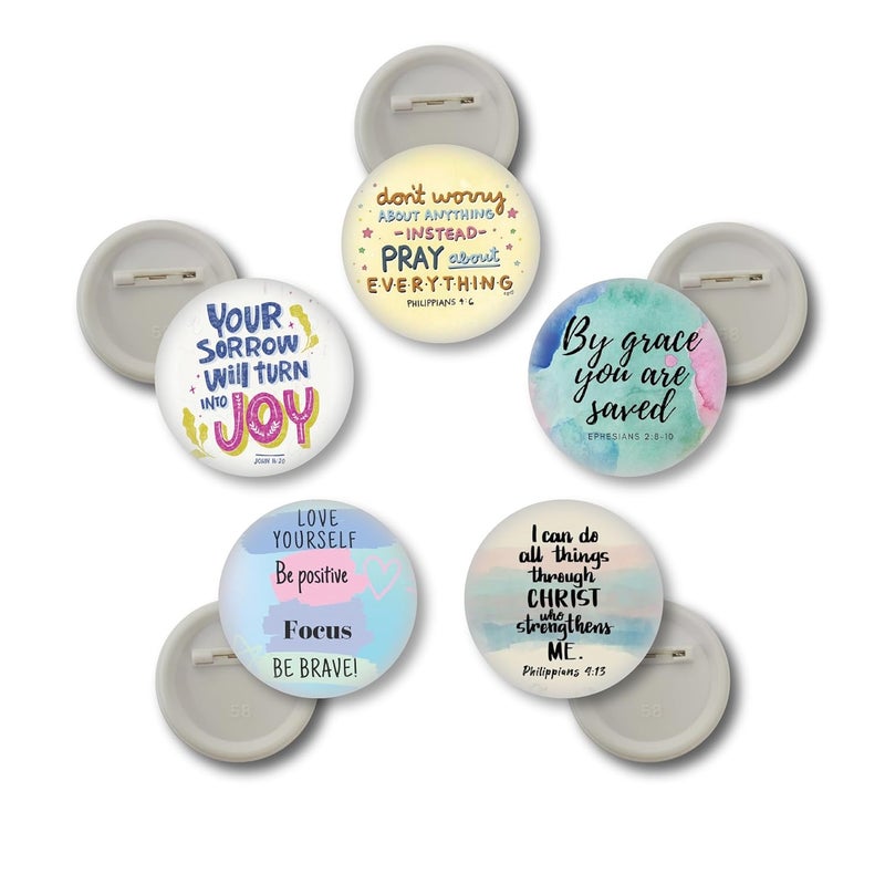 D2c 58 mm Christian Faith Button Badges Pack – Gloss Finish Inspirational Bible Verse Pin-Back Badges for Bags, Jackets - Image 1