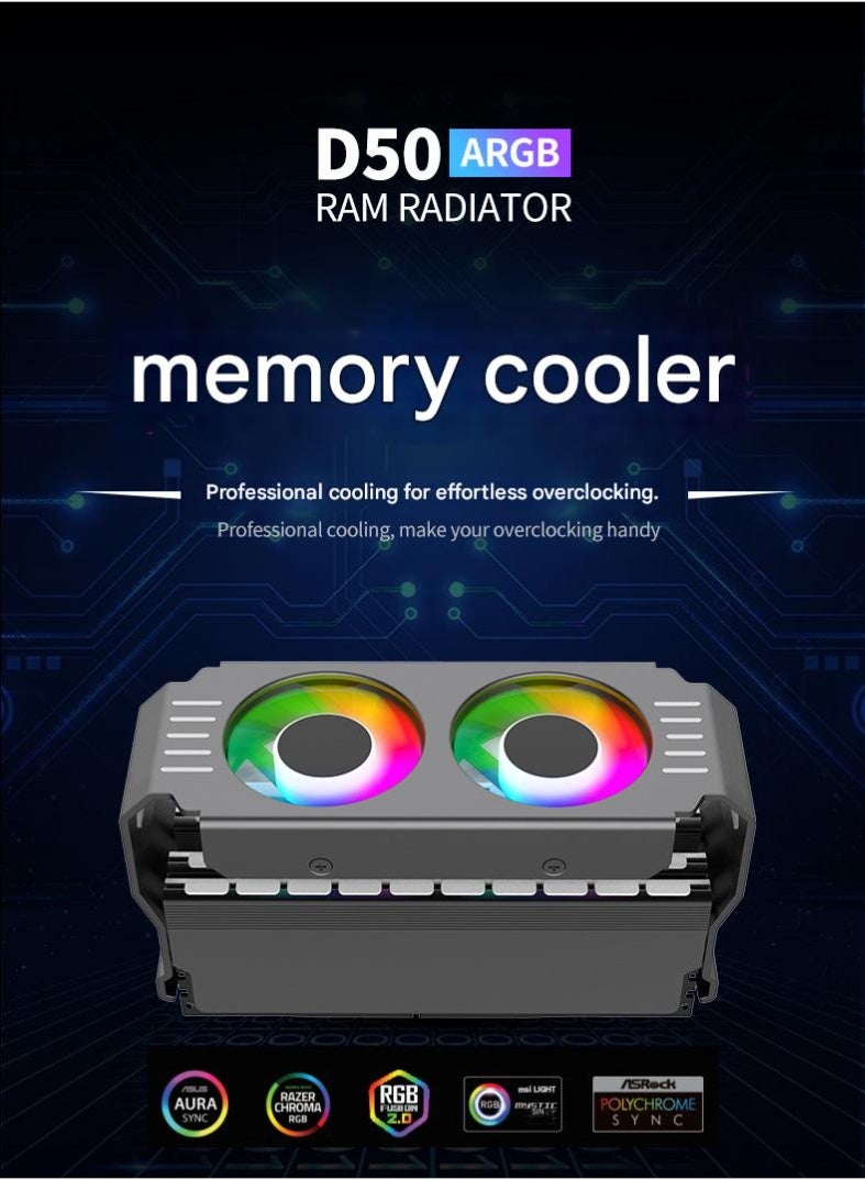 LUCKIER D50 RAM Cooler with Dual 50mm PWM Fans (1000-3500 RPM, 13.5 CFM), Hydraulic Bearing, 5V 3-Pin ARGB Sync for DDR4/DDR5 Memory - Black - Image 2