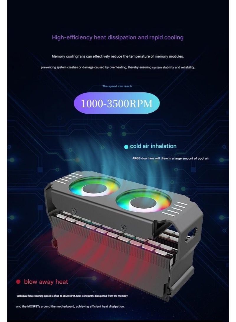 LUCKIER D50 RAM Cooler with Dual 50mm PWM Fans (1000-3500 RPM, 13.5 CFM), Hydraulic Bearing, 5V 3-Pin ARGB Sync for DDR4/DDR5 Memory - Black - Image 3