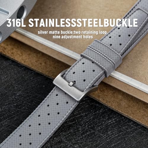 TACTICAL FROG FKM Rubber Watch Strap Fast-Release Tropical Fluororubber 20 mm 22 mm Rubber Watch Band, Soft Breathable Universal Replacement for Men Women Stainless Steel Buckle (Grey, 20mm) - Image 2