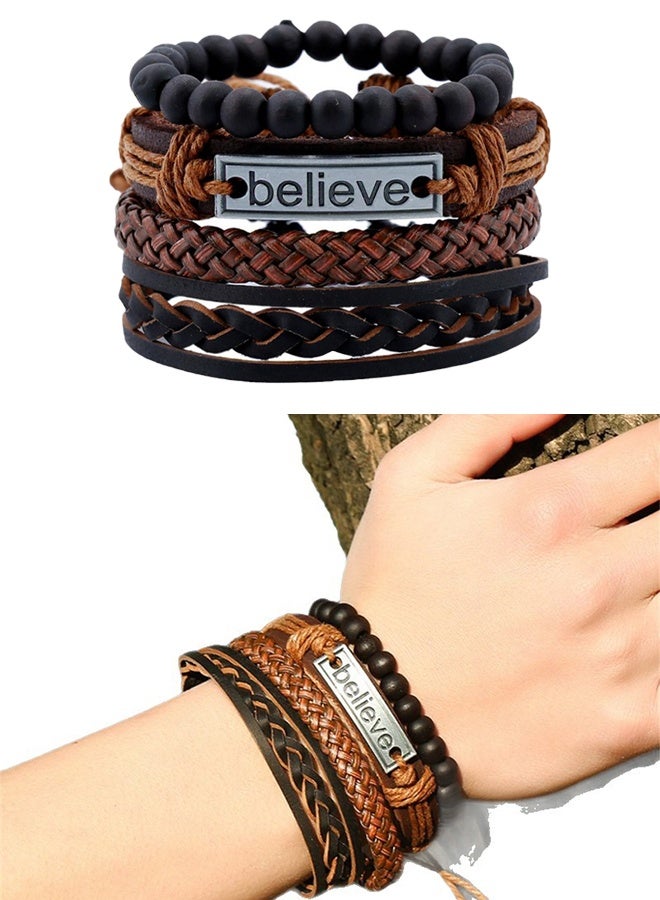 KANGLI Fashion Mens Leather Bracelet,Multi-Layer Braided - Image 1