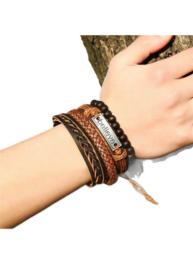 KANGLI Fashion Mens Leather Bracelet,Multi-Layer Braided - Image 2