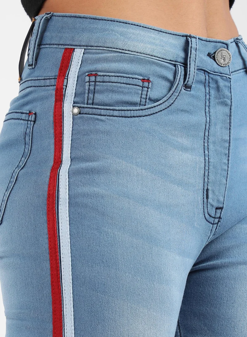 Campus Sutra Campus Sutra Women's Blue Contrast Pencil Side-Striped Denim Jeans