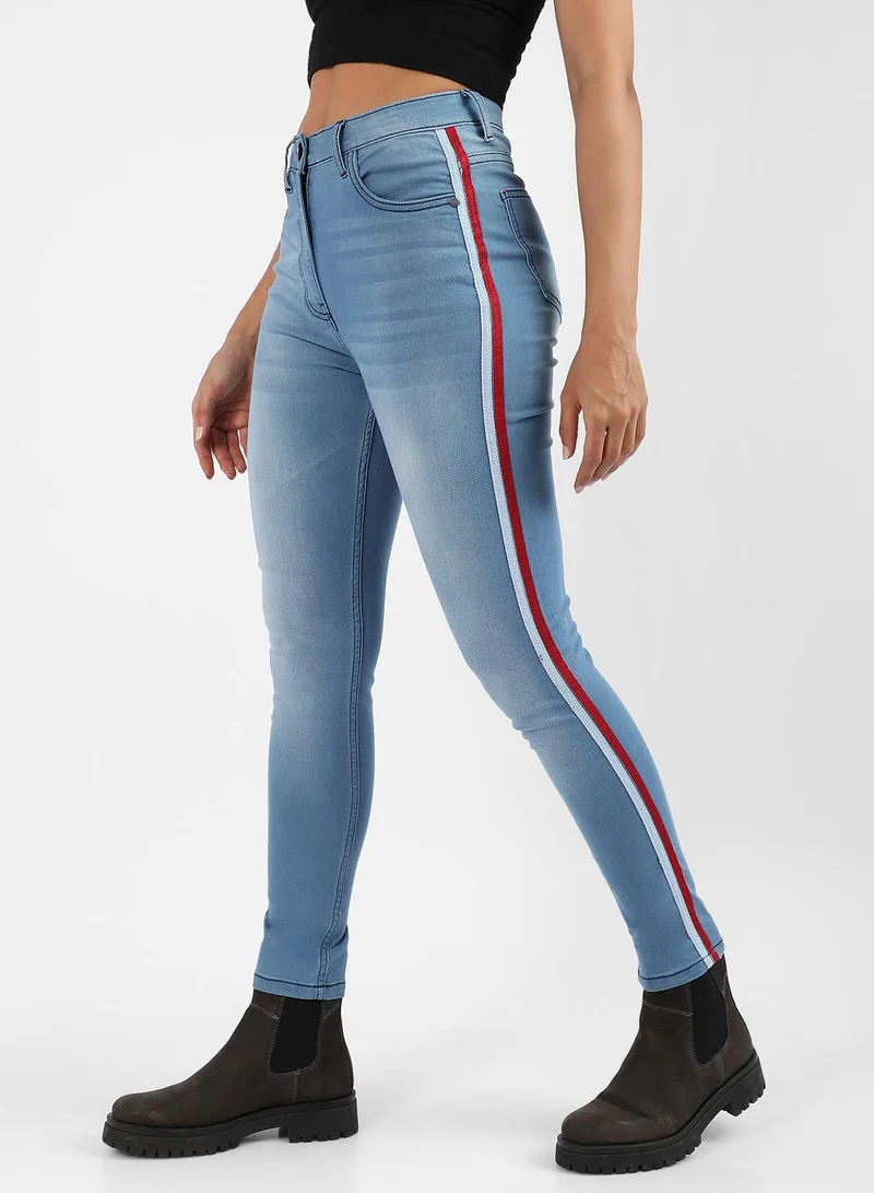 Campus Sutra Campus Sutra Women's Blue Contrast Pencil Side-Striped Denim Jeans