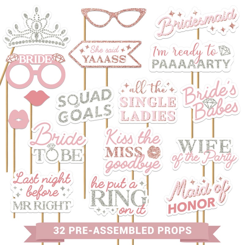 Fully Assembled Bachelorette Photo Booth Props  Set of 32  Rose Gold Pink  Silver Signs Wedding Bridal Shower Bachelorette Party Supplies  Decorations with Real Glitter  Did We Mention No DIY