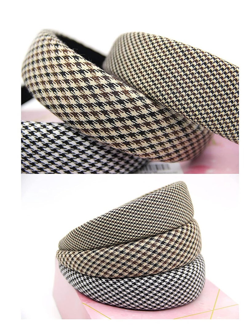 3PCS Vintage Plaid Wide Headbands for Women - Retro Comfy Non-Slip Hair Accessories, Checkerboard Style Hair Wraps for Girls - Image 2