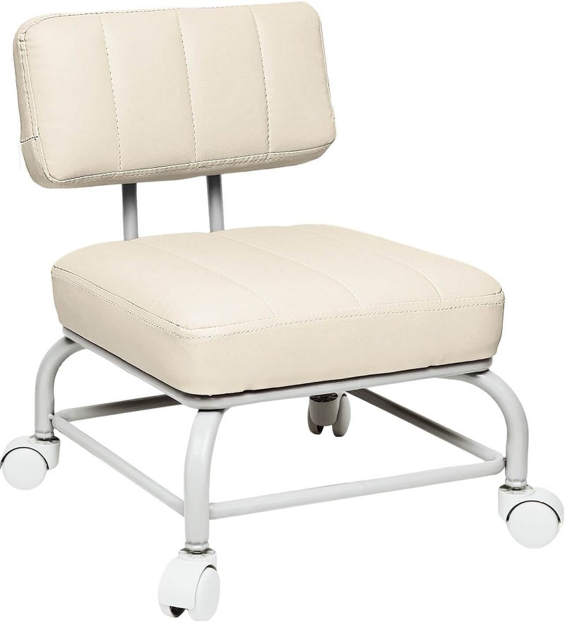 INDIDECOR Indian Decor 72121 Backrest Rolling Stool with Brakes VAPAA TAIDE Roller Chair Heavy Duty Rolling Stools with Wheels for Home Office Garage Mechanic Flooring Cleaning Shop White 