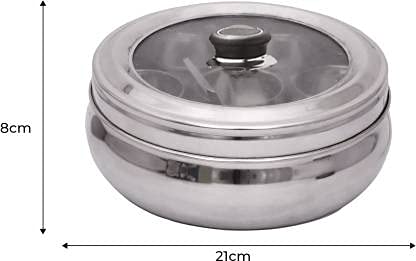 Taluka Stainless Steel Belly Shape Masala Spice Box with Glass Lid with 7 Containers and Small Spoon - Image 3