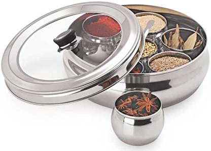 Taluka Stainless Steel Belly Shape Masala Spice Box with Glass Lid with 7 Containers and Small Spoon - Image 1