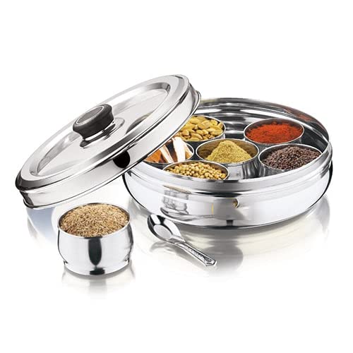 Taluka Stainless Steel Belly Shape Masala Spice Box with Glass Lid with 7 Containers and Small Spoon - Image 4