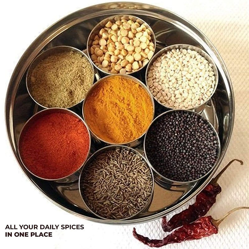 Taluka Stainless Steel Belly Shape Masala Spice Box with Glass Lid with 7 Containers and Small Spoon - Image 2