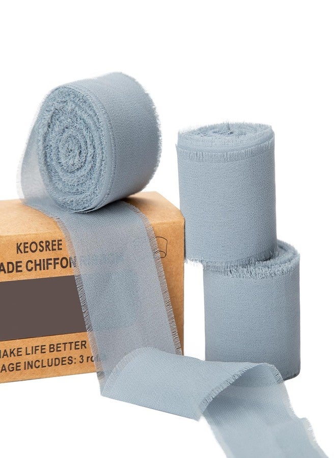 KEOSREE 3 Rolls Dusty Blue Handmade Chiffon Ribbon,1.5" x 21Yd Frayed Fringe Silk Ribbons (3 Rolls *7Yd) for Gifts Wrapping, Wedding Invitations, Bridal Bouquets, Decorations - Image 1