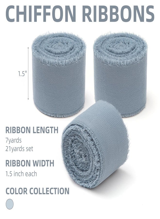 KEOSREE 3 Rolls Dusty Blue Handmade Chiffon Ribbon,1.5" x 21Yd Frayed Fringe Silk Ribbons (3 Rolls *7Yd) for Gifts Wrapping, Wedding Invitations, Bridal Bouquets, Decorations - Image 2