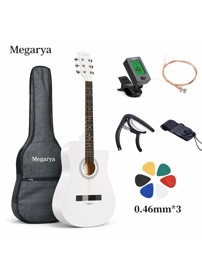 Megarya 38 Inch Acoustic Guitar Set for Beginner Students |White Finish | Guitar Combo with Tuner, Strings, Capo, Strap, Picks & Carry Bag