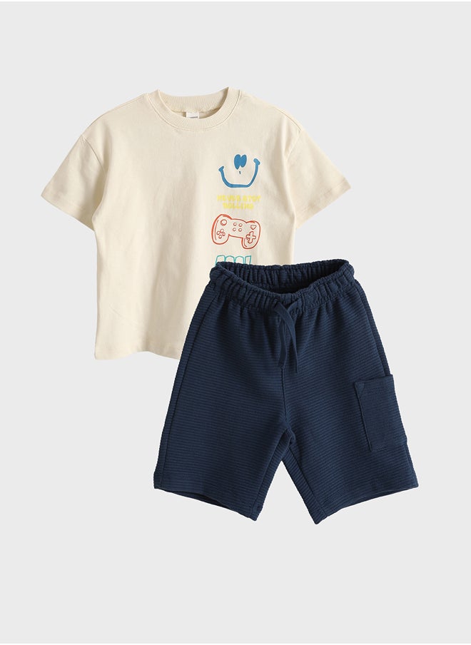 LC WAIKIKI Crew Neck Printed Boy T-Shirt and Shorts 2 Pack Summer  - Image 1