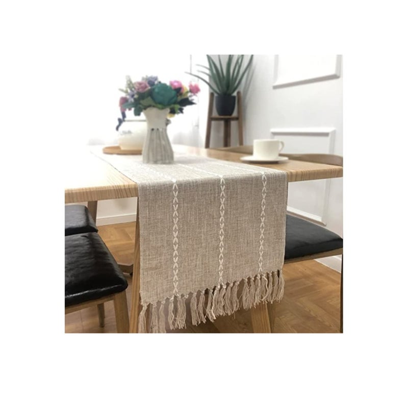 Barakah Braided Farmhouse Table Runner, Cotton Linen Boho Table Runner, Vintage Woven Table Runner, Cotton Linen Table Decorations with Tassel for Dining Party Holiday Braided Desert Sage 13 x 70'' - Image 1