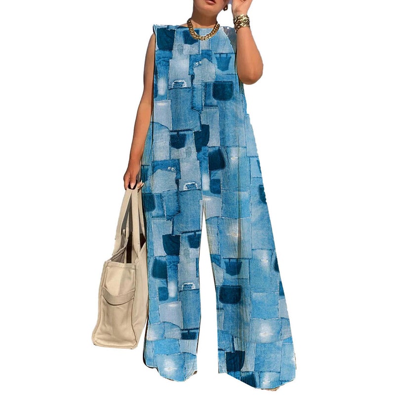 YS10316 Hot Selling European and American Casual Wide Leg Printed Jumpsuit Patch Color  - Image 1