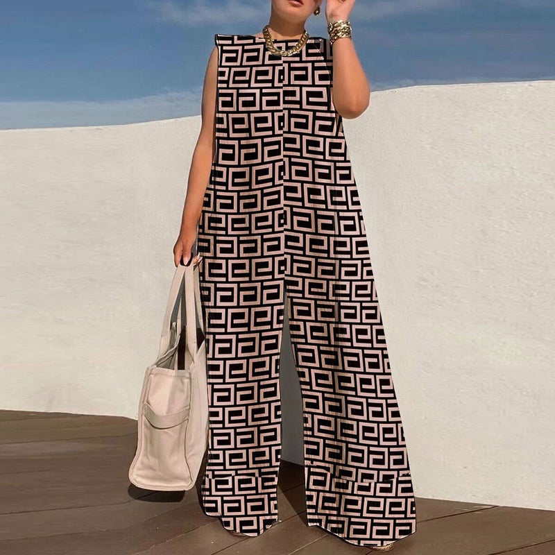 YS10316 Hot Selling European and American Casual Wide Leg Printed Jumpsuit Patch Color  - Image 4