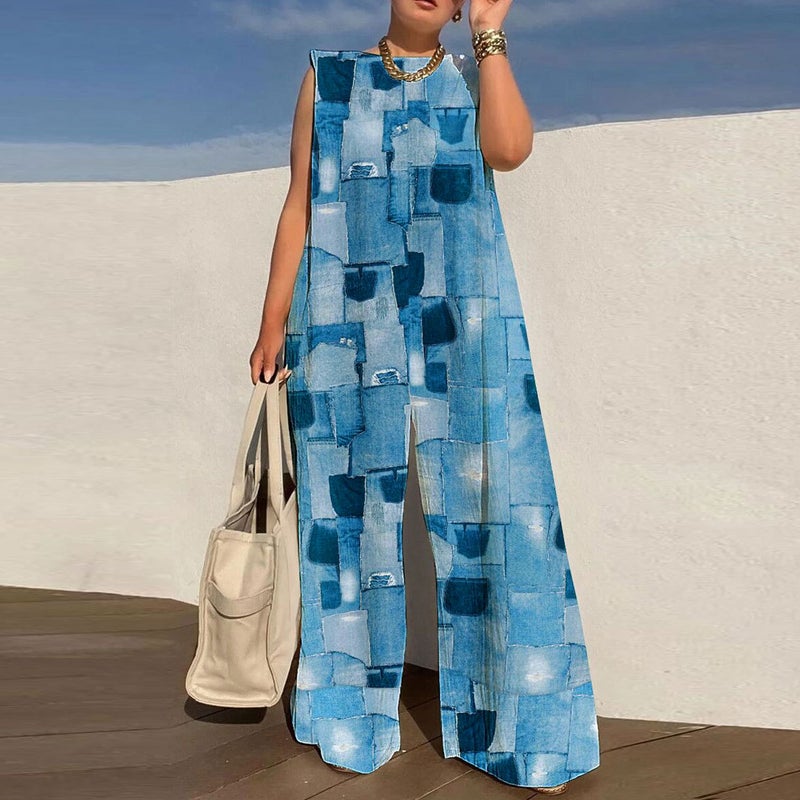 YS10316 Hot Selling European and American Casual Wide Leg Printed Jumpsuit Patch Color  - Image 5