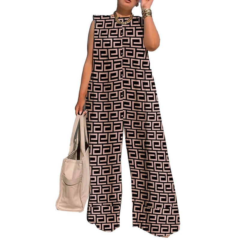 YS10316 Hot Selling European and American Casual Wide Leg Printed Jumpsuit Patch Color  - Image 2