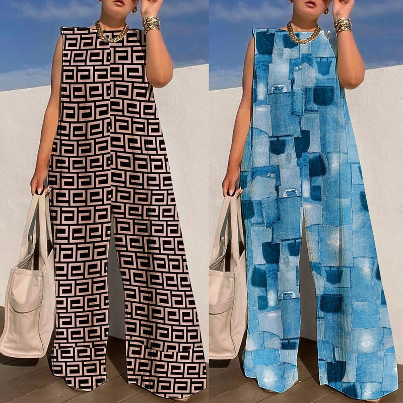 YS10316 Hot Selling European and American Casual Wide Leg Printed Jumpsuit Patch Color  - Image 3