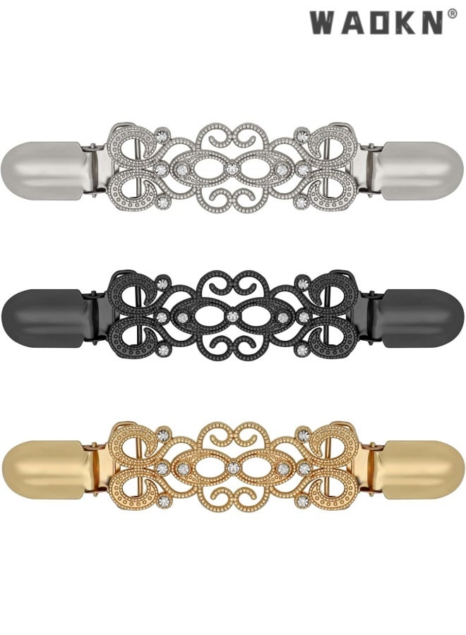 WAOKN 3 Pcs Cinch clips Vintage Sweater Clips Dress Clip Back Cinch shawl Cardigan Collar Clip to Tighten Dress Pant Waist Tightener for Women , alloy material , compact and delicate , gold , black , silver . - Image 1