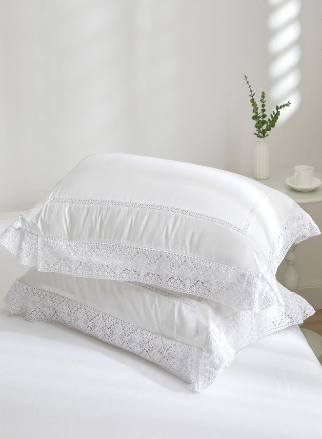 RANZNAZ White Lace Pillow Shams Standard Size Set of 2, 100% Cotton Ruffle Pillow Cases with Embroidered Trim, Elegant Breathable Pillowcases with Envelpoe Closure, 20x26 Inches - Image 1