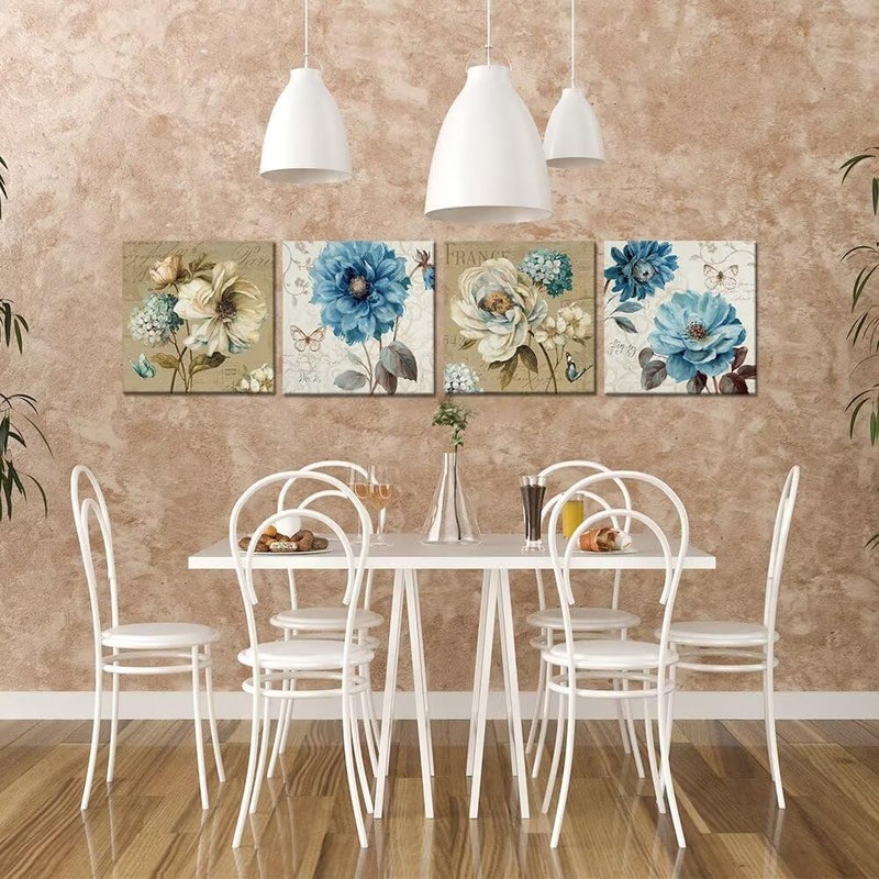 Wall HDQ Peony Rose Wall Art Blue and White Flower Wall Decor Floral Butterfly Painting for Bathroom Living Room Bedroom Home Decor Abstract Canvas Print Picture Ready to Hang (12''x12'' x4Pcs) - Image 2
