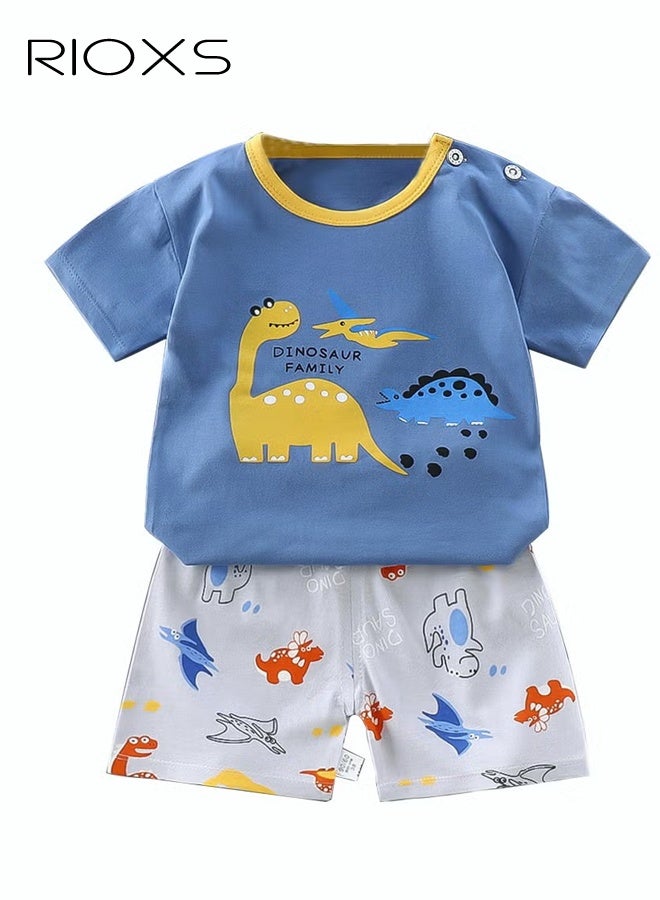 RIOXS 2 Piece Toddler Boys Pajama Set, Adorable Dinosuar Short Sleeve Crew Neck Top and Short Pants Nightwear, Baby Boy's Cotton Outfits Casual Playwear, Spring Fall Animal Print Sleepwear Sets for Little Kids/ Big Kids, Blue - Image 1