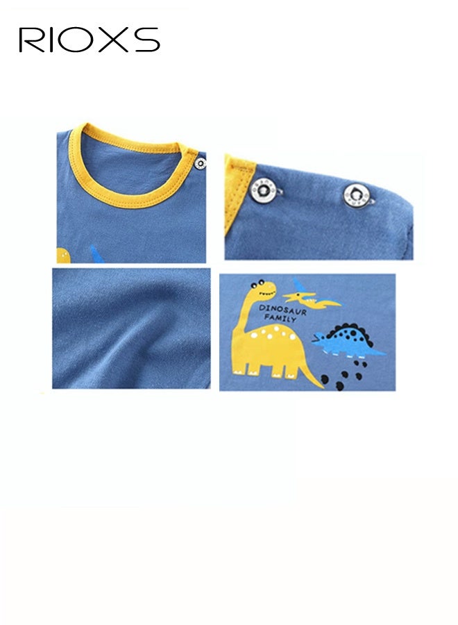 RIOXS 2 Piece Toddler Boys Pajama Set, Adorable Dinosuar Short Sleeve Crew Neck Top and Short Pants Nightwear, Baby Boy's Cotton Outfits Casual Playwear, Spring Fall Animal Print Sleepwear Sets for Little Kids/ Big Kids, Blue - Image 4