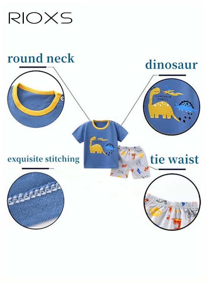 RIOXS 2 Piece Toddler Boys Pajama Set, Adorable Dinosuar Short Sleeve Crew Neck Top and Short Pants Nightwear, Baby Boy's Cotton Outfits Casual Playwear, Spring Fall Animal Print Sleepwear Sets for Little Kids/ Big Kids, Blue - Image 3