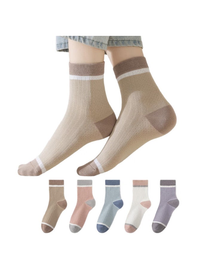 MIIOW 5 Pairs 100% Pure Cotton Women'S Socks, Internet Celebrity Morandi Color Series Contrasting Mid-Calf Socks, Summer Cotton Socks - Image 1