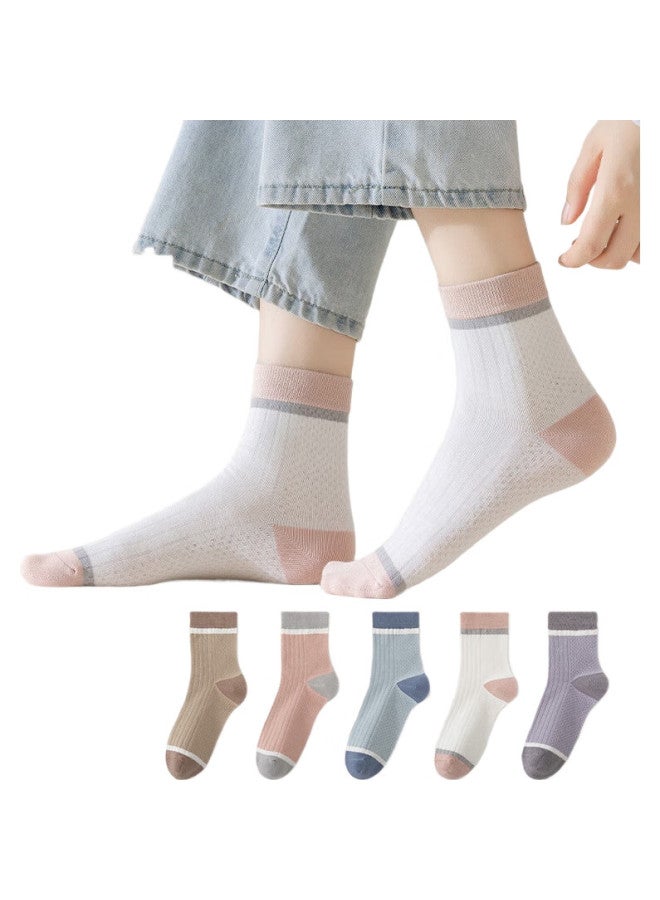 MIIOW 5 Pairs 100% Pure Cotton Women'S Socks, Internet Celebrity Morandi Color Series Contrasting Mid-Calf Socks, Summer Cotton Socks - Image 3