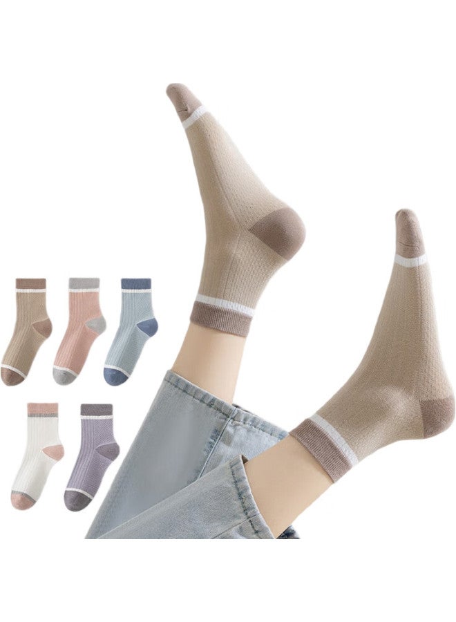 MIIOW 5 Pairs 100% Pure Cotton Women'S Socks, Internet Celebrity Morandi Color Series Contrasting Mid-Calf Socks, Summer Cotton Socks - Image 2