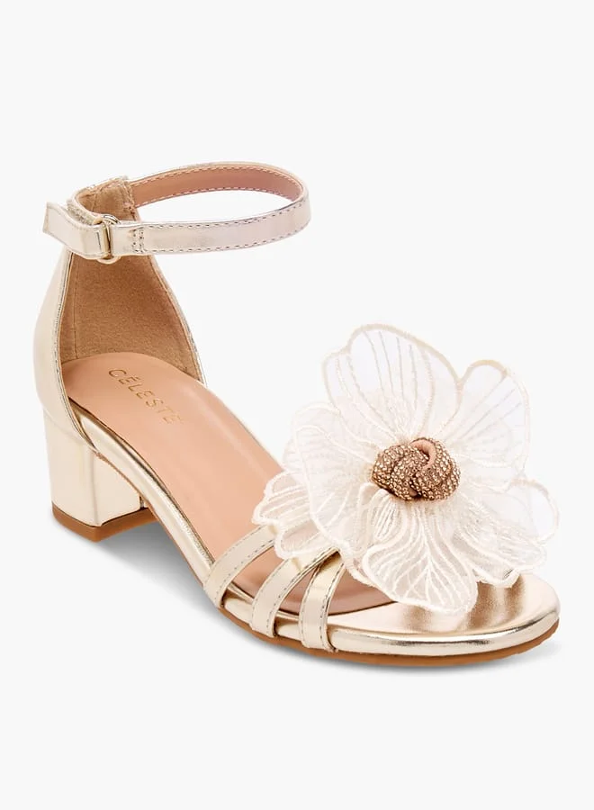 Celeste Girls' Flower Applique Sandals with Block Heels