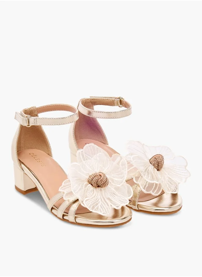 Celeste Girls' Flower Applique Sandals with Block Heels