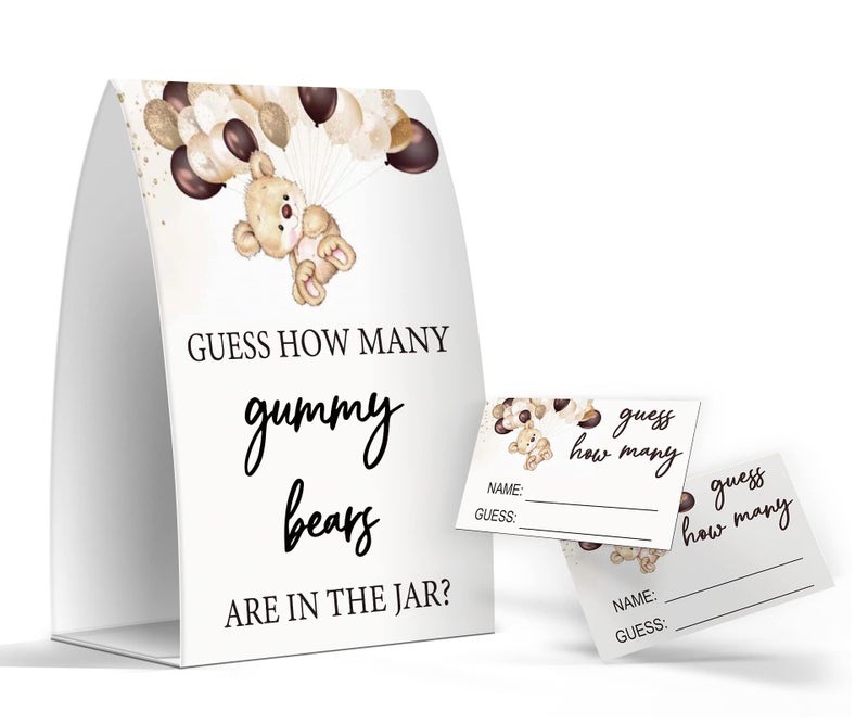 Pazag How Many Gummy Bears are in The Jar, Gummy Bears Baby Shower Games, Gummy Bears Theme Baby Shower - One Sign and 50 Cards (GES10) - Image 1