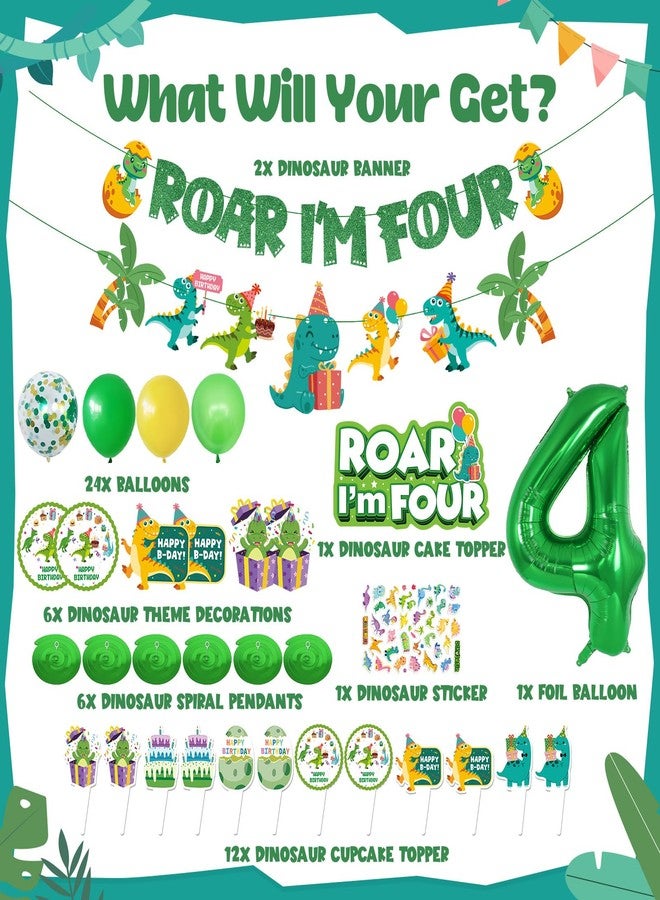 JUYRLE Roar Im 4 Dinosaur Party Decorations Boy, Dinosaur 4th Birthday Decorations, Four Rex Party Favors with Green Theme Cake Topper, Happy Birthday Banner, Four Rex Brthday Supplies - Image 2