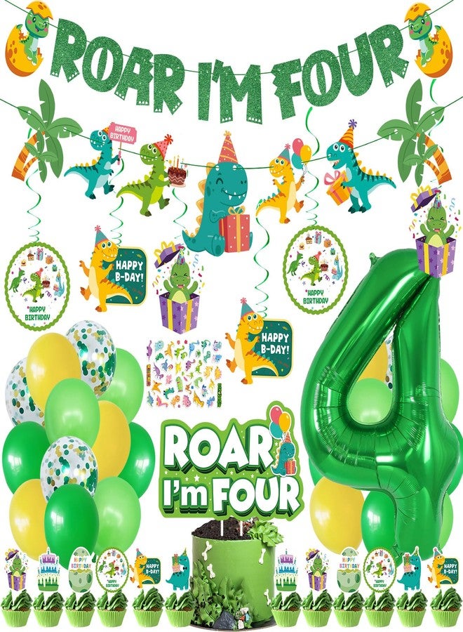 JUYRLE Roar Im 4 Dinosaur Party Decorations Boy, Dinosaur 4th Birthday Decorations, Four Rex Party Favors with Green Theme Cake Topper, Happy Birthday Banner, Four Rex Brthday Supplies - Image 1
