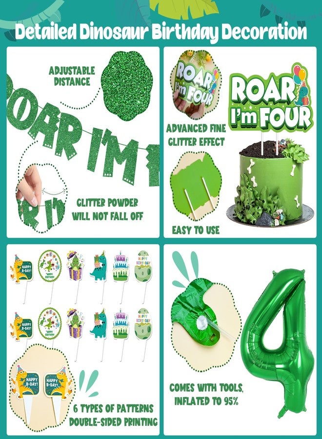 JUYRLE Roar Im 4 Dinosaur Party Decorations Boy, Dinosaur 4th Birthday Decorations, Four Rex Party Favors with Green Theme Cake Topper, Happy Birthday Banner, Four Rex Brthday Supplies - Image 3