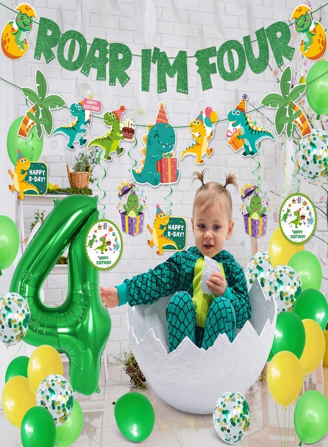 JUYRLE Roar Im 4 Dinosaur Party Decorations Boy, Dinosaur 4th Birthday Decorations, Four Rex Party Favors with Green Theme Cake Topper, Happy Birthday Banner, Four Rex Brthday Supplies - Image 5
