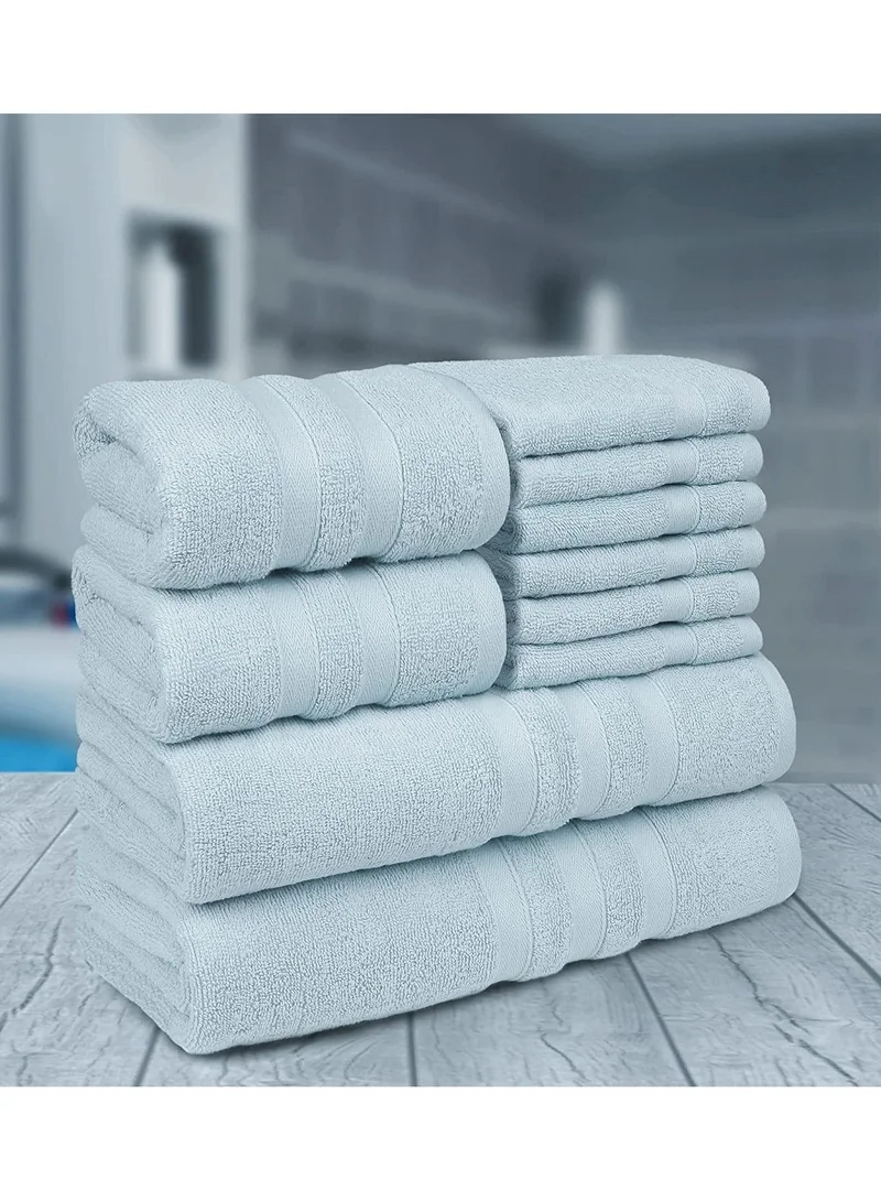 1Chase Light Blue Set of 10 Zofty Bathroom Towel Set - 2 Bath Towels, 2 Hand Towels and 6 Washcloths - Hotel Quality and Spa Towels Light Blue 600GSM  | Best Price UAE